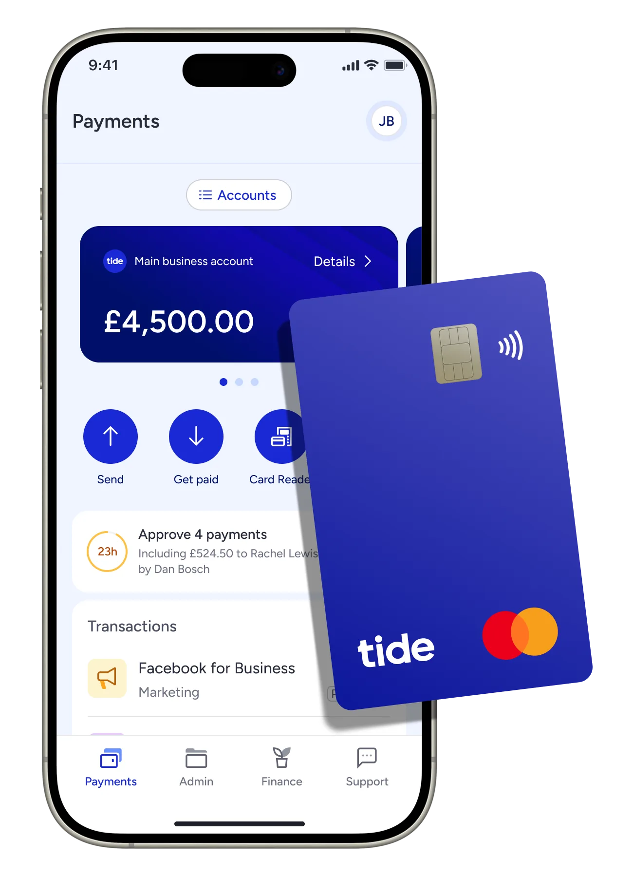 Tide mobile app payments screen alongside a Tide business debit card