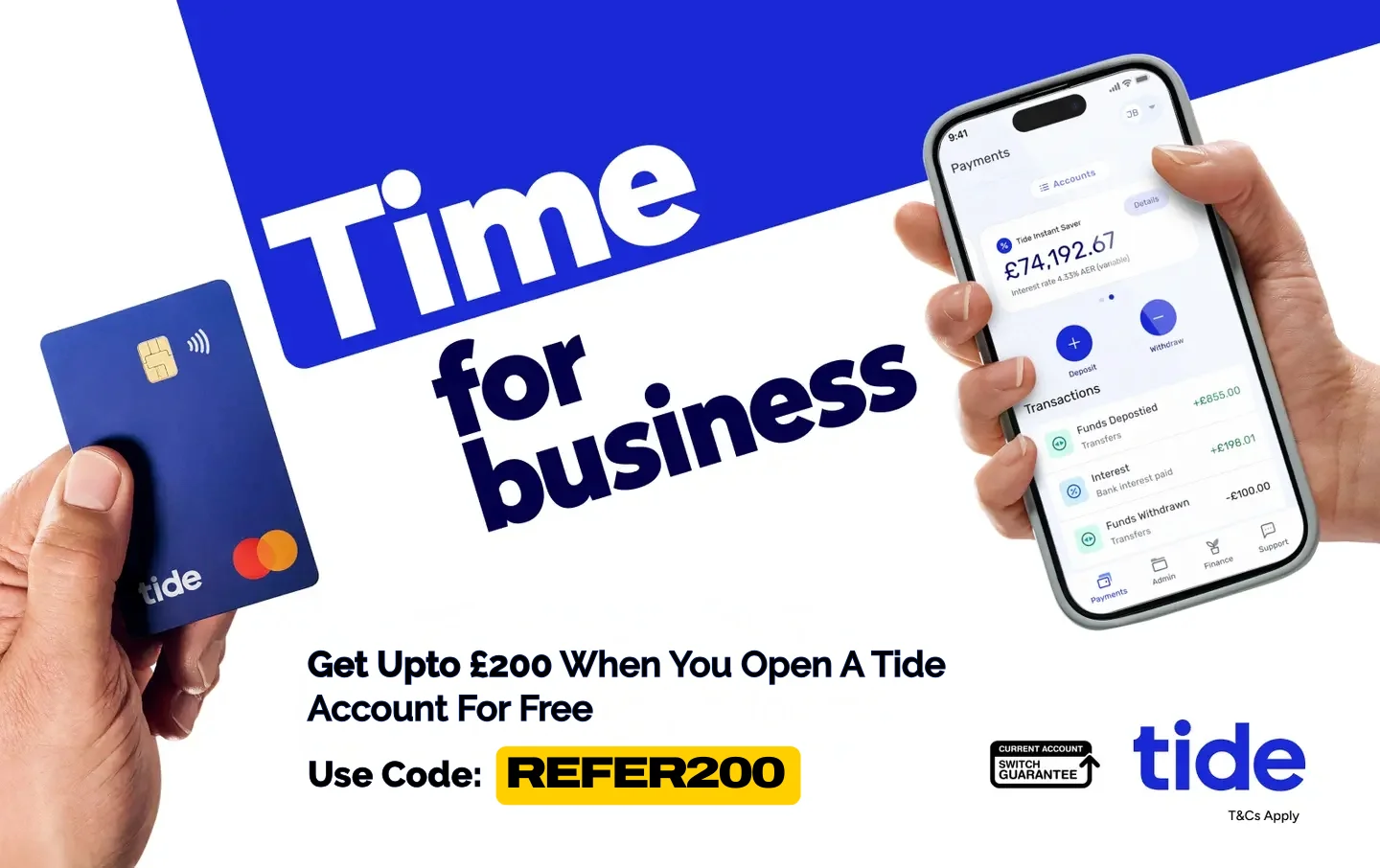 Tide business account opening offer banner with a Tide card and app