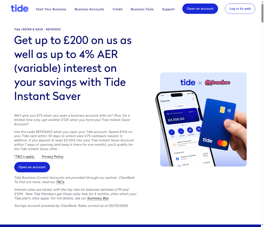 Screenshot of Tide.co showing the live REFER200 offer with up to £200