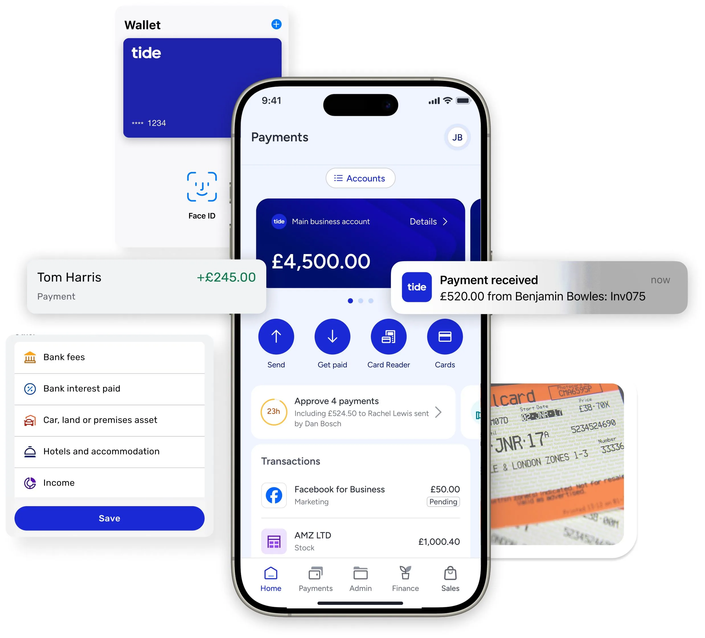 Tide app screens showing business account features